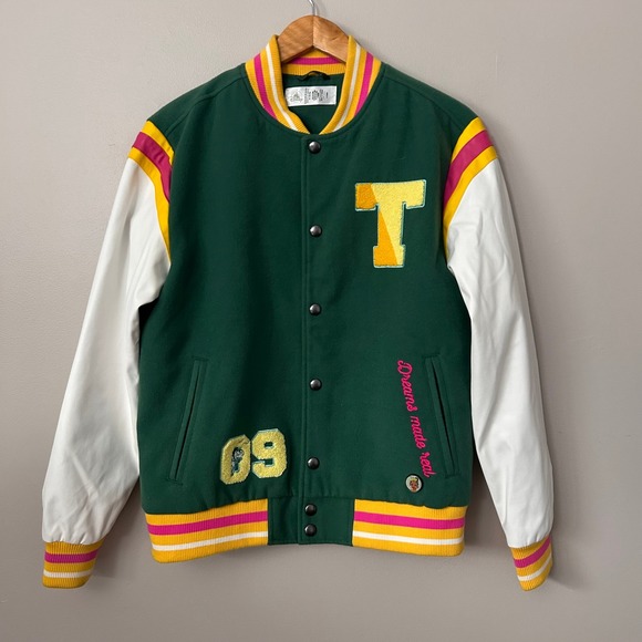Disney Princess & the Frog Tiana Jacket Womens Large Green Varsity Letterman 09